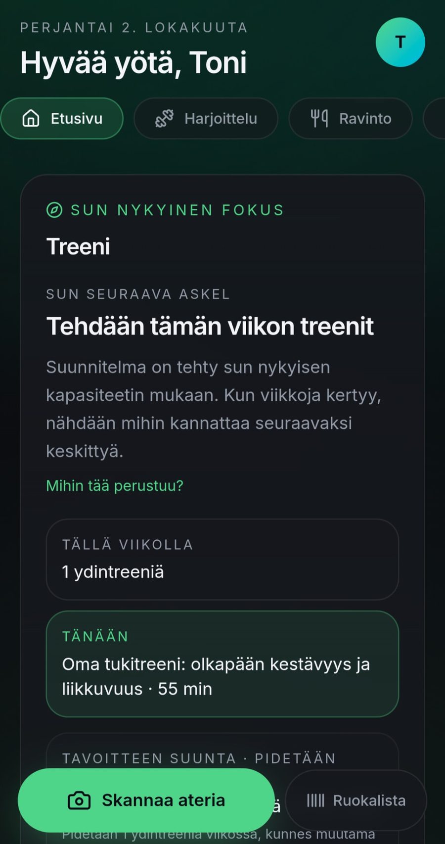 Paideia Performance Coach -sovelluksen etusivu puhelimessa
